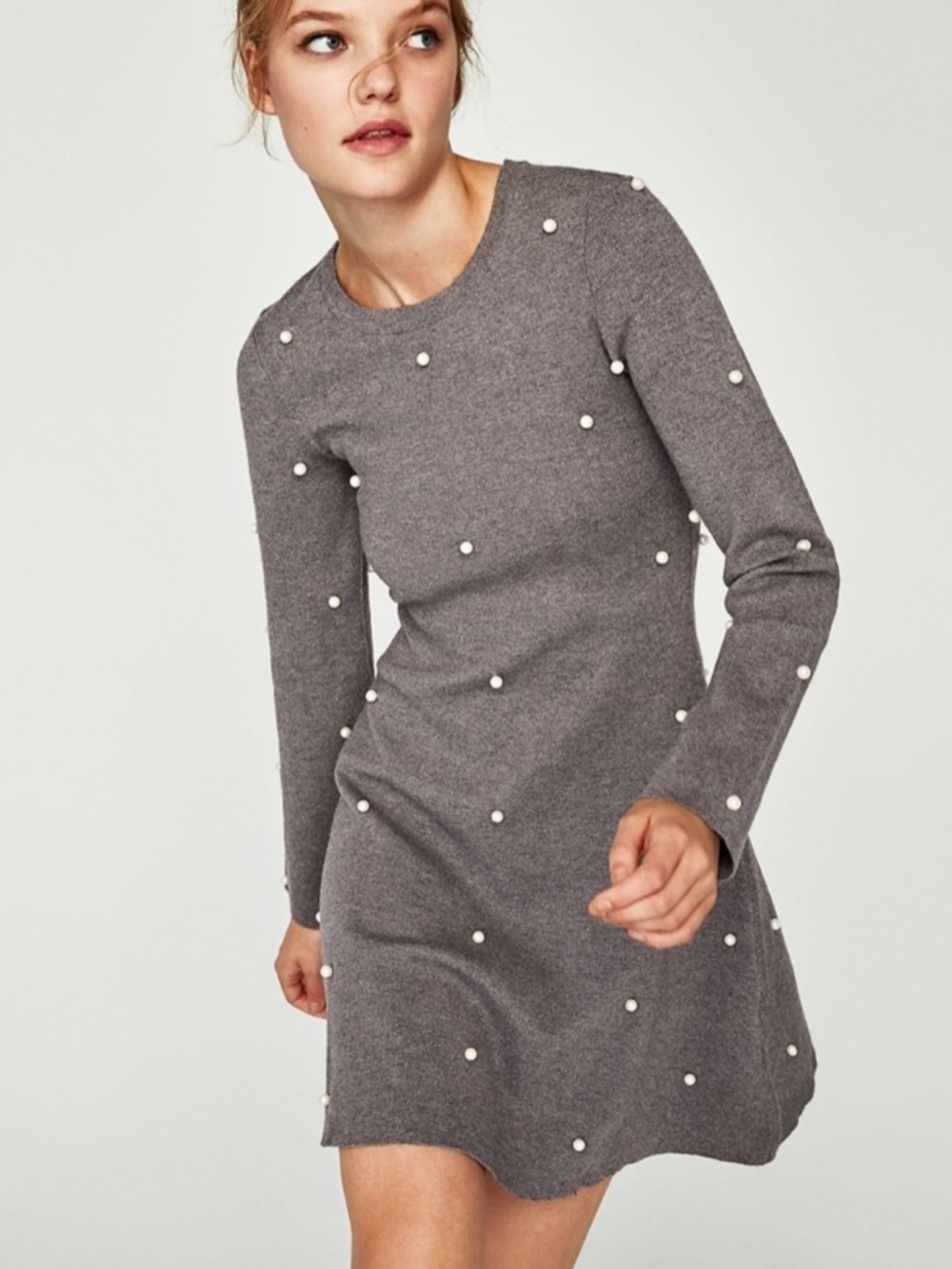 ZARA GRAY SKATER DRESS WITH PEARL BEADS